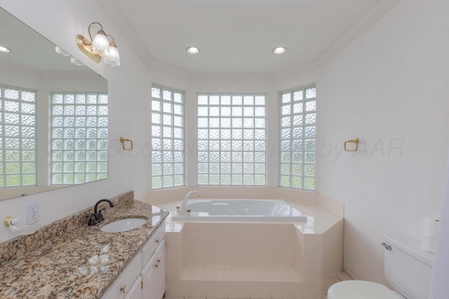 full bathroom with crown molding, vanity, toilet, recessed lighting, and a bath