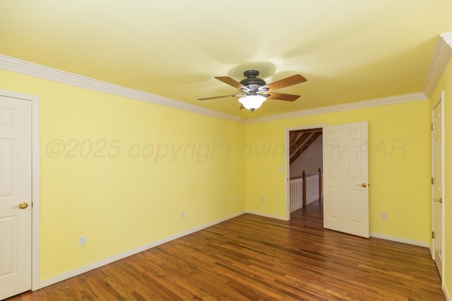 unfurnished bedroom with crown molding, baseboards, ceiling fan, and wood finished floors