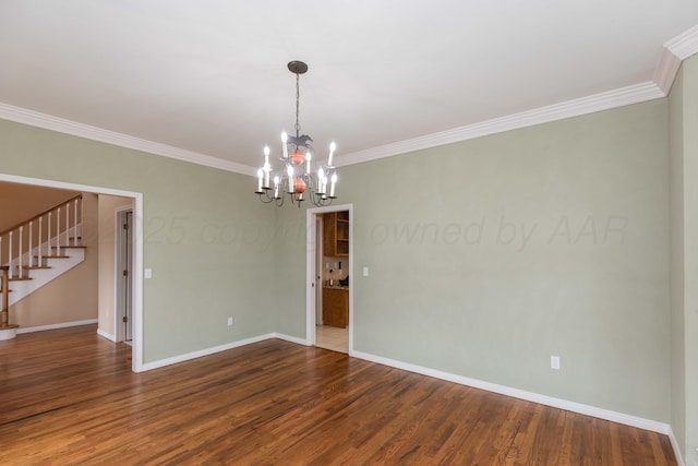 unfurnished room featuring baseboards, ornamental molding, stairs, and a chandelier