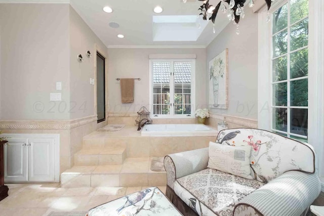 2200 Parker St, Amarillo, TX 79109 - full bathroom with a bath, a skylight, recessed lighting, crown molding, and a tray ceiling