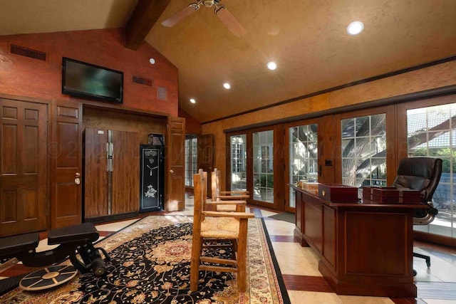 2200 Parker St, Amarillo, TX 79109 - office space with recessed lighting, french doors, beamed ceiling, a ceiling fan, and high vaulted ceiling
