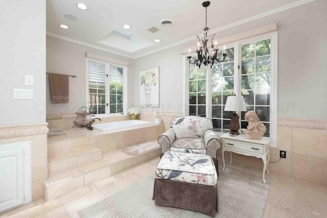 2200 Parker St, Amarillo, TX 79109 - full bath featuring crown molding, a garden tub, a chandelier, tile patterned floors, and recessed lighting