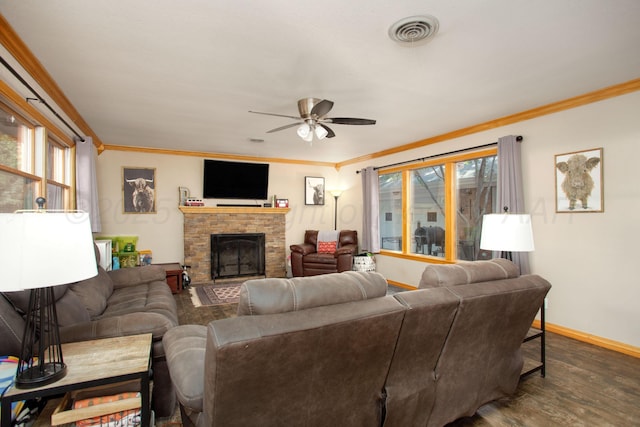 2900 Teckla Blvd, Amarillo, TX 79106 - living area featuring ceiling fan, ornamental molding, wood finished floors, and a brick fireplace
