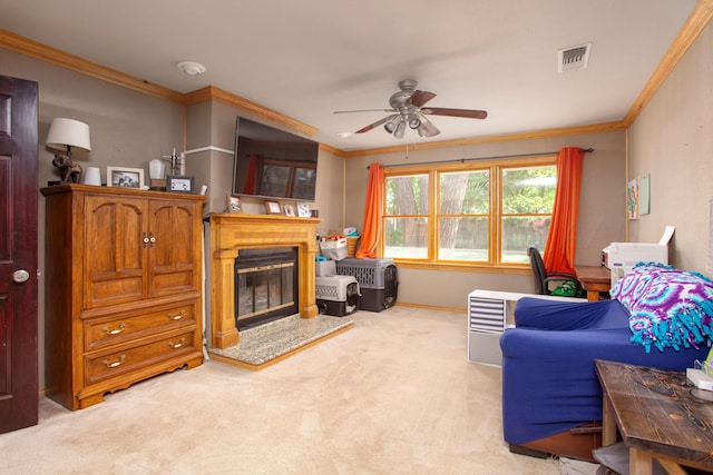 2900 Teckla Blvd, Amarillo, TX 79106 - living area with ceiling fan, crown molding, carpet flooring, and a high end fireplace