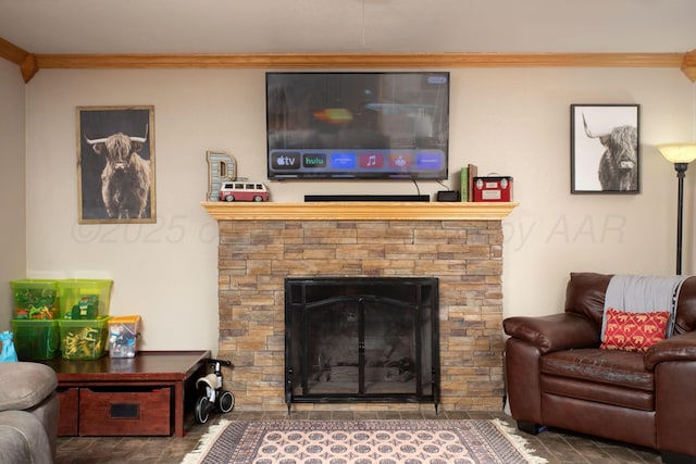2900 Teckla Blvd, Amarillo, TX 79106 - living area with ornamental molding and a stone fireplace