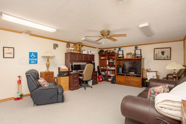 2900 Teckla Blvd, Amarillo, TX 79106 - carpeted office featuring ceiling fan, ornamental molding, and a textured ceiling