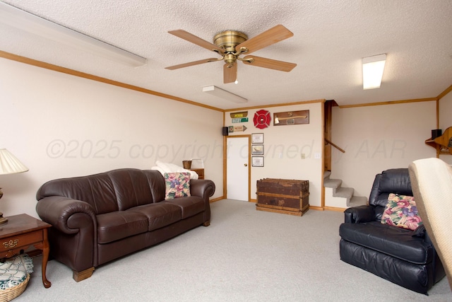 2900 Teckla Blvd, Amarillo, TX 79106 - living room with carpet floors, crown molding, stairway, a ceiling fan, and a textured ceiling