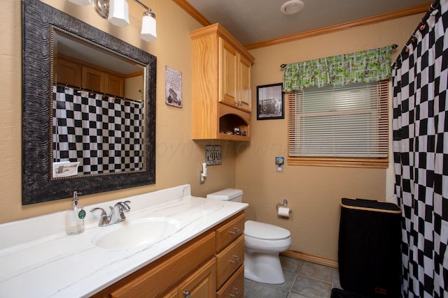 2900 Teckla Blvd, Amarillo, TX 79106 - bathroom with ornamental molding, vanity, tile patterned flooring, and a shower with shower curtain
