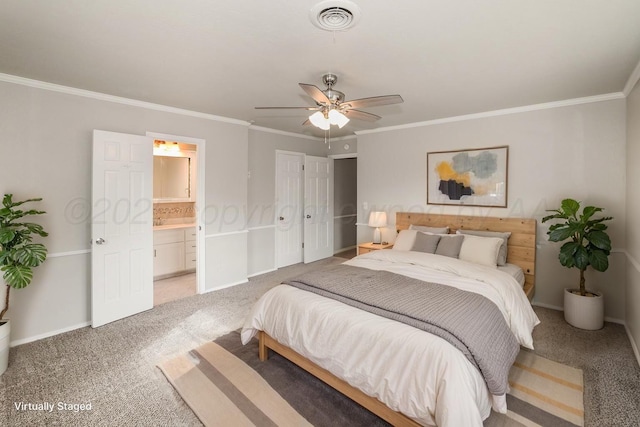 3506 Barclay Dr, Amarillo, TX 79109 - bedroom featuring light carpet, ornamental molding, ensuite bathroom, and ceiling fan