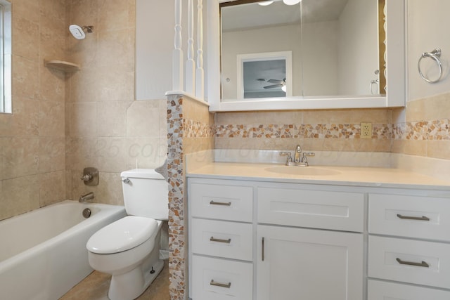 3506 Barclay Dr, Amarillo, TX 79109 - bathroom with vanity, ceiling fan, tile walls, shower / bath combination, and tile patterned flooring