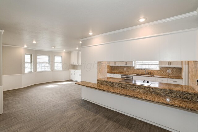 3506 Barclay Dr, Amarillo, TX 79109 - kitchen with crown molding, dishwasher, decorative backsplash, dark stone counters, and white cabinets