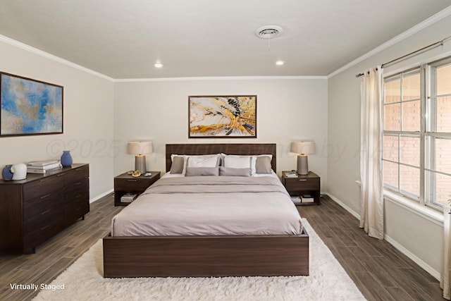 3506 Barclay Dr, Amarillo, TX 79109 - bedroom with dark wood-style flooring, crown molding, multiple windows, and recessed lighting