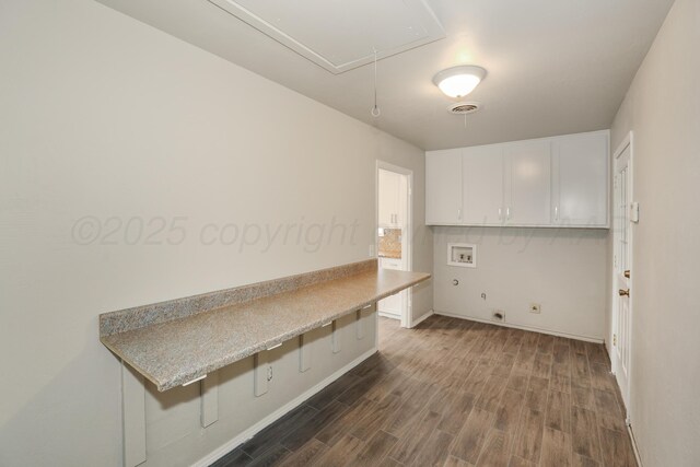 3506 Barclay Dr, Amarillo, TX 79109 - washroom featuring attic access, washer hookup, cabinet space, dark wood-type flooring, and electric dryer hookup
