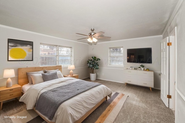3506 Barclay Dr, Amarillo, TX 79109 - carpeted bedroom featuring multiple windows, crown molding, and ceiling fan