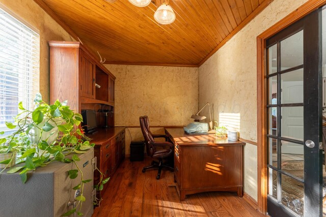 6211 Edgeware Pl, Amarillo, TX 79109 - office space with wooden ceiling, hardwood / wood-style floors, ornamental molding, and a textured wall