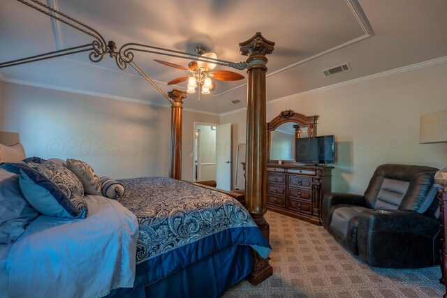 6211 Edgeware Pl, Amarillo, TX 79109 - carpeted bedroom featuring ornamental molding, a tray ceiling, and ceiling fan