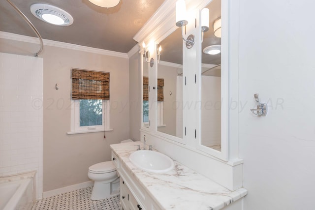 full bathroom with shower / tub combination, vanity, toilet, and ornamental molding