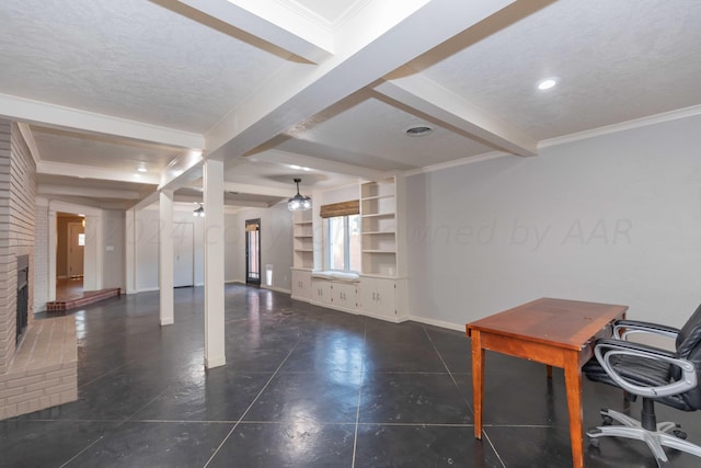 interior space with built in shelves, a fireplace, a textured ceiling, and ornamental molding