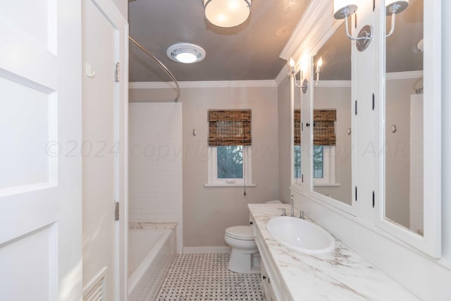 full bathroom with washtub / shower combination, vanity, toilet, and ornamental molding