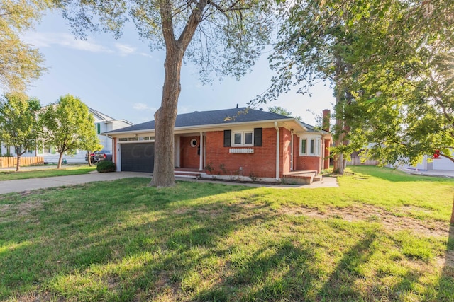 single story home with a garage and a front lawn