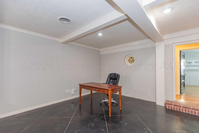 office space featuring a textured ceiling, beam ceiling, crown molding, and brick wall