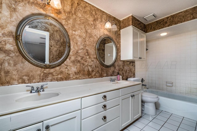 6700 Deer Park Dr, Amarillo, TX 79124 - bathroom with tile patterned flooring, double vanity, a textured ceiling, and toilet