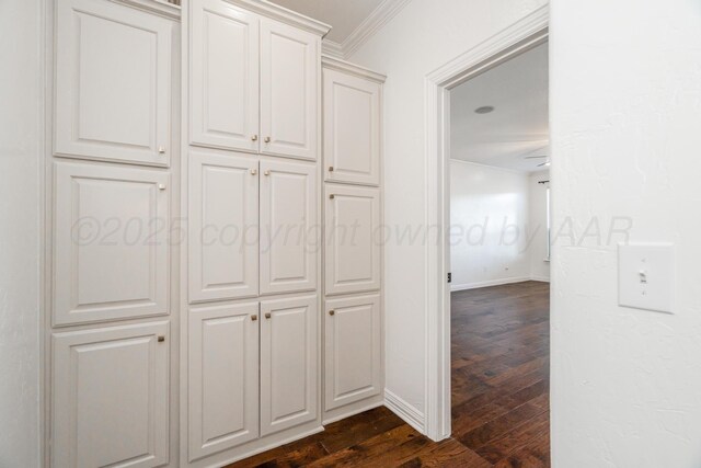 hallway with baseboards, dark wood-style floors, and ornamental molding