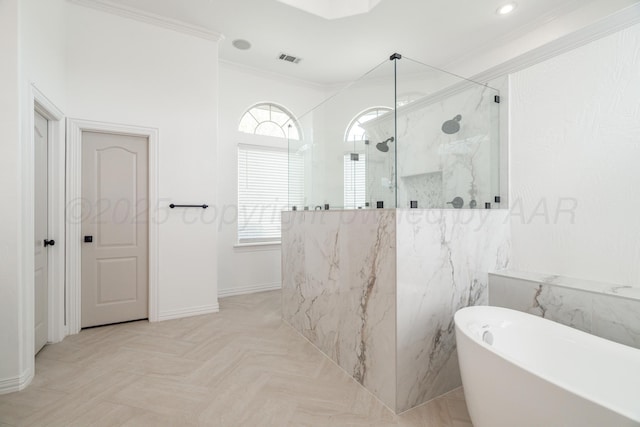 full bathroom with a marble finish shower, crown molding, a soaking tub, and visible vents