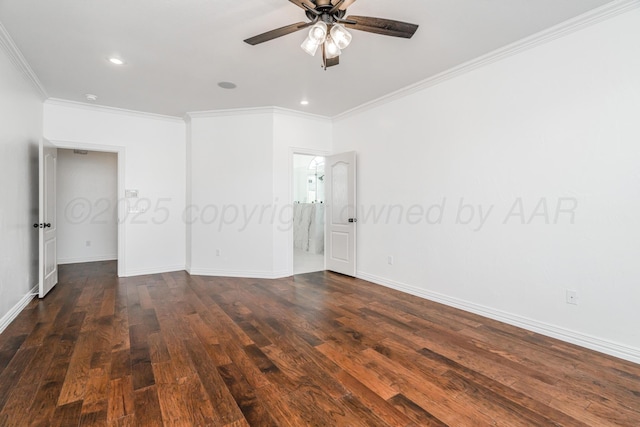 unfurnished room with recessed lighting, a ceiling fan, ornamental molding, baseboards, and dark wood-style flooring