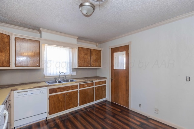 kitchen with dark wood-style flooring, brown cabinets, dishwasher, and a sink