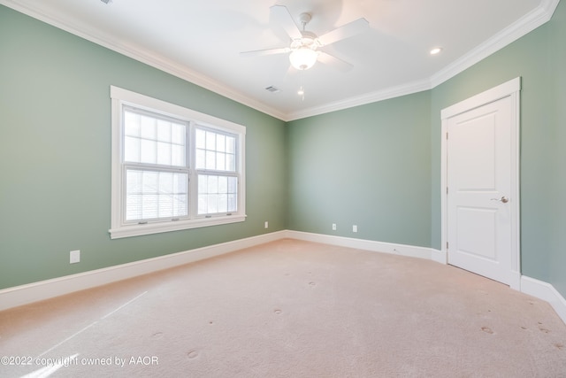 2223 S Ong St, Amarillo, TX 79109 - spare room featuring ornamental molding, light colored carpet, a ceiling fan, and recessed lighting
