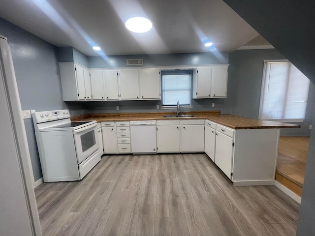 kitchen with white appliances, white cabinetry, sink, and kitchen peninsula