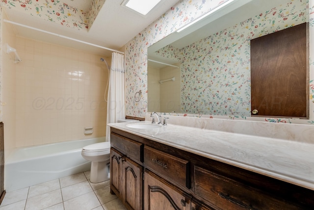 full bath featuring shower / bath combo, wallpapered walls, and tile patterned flooring