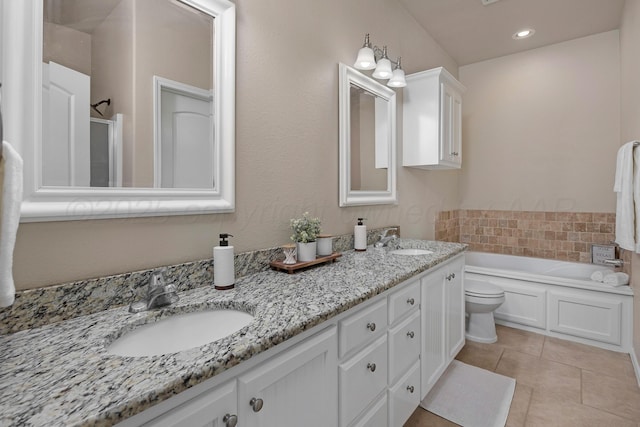 6809 Fanchun St, Amarillo, TX 79119 - bathroom featuring double vanity, a garden tub, tile patterned floors, and a stall shower