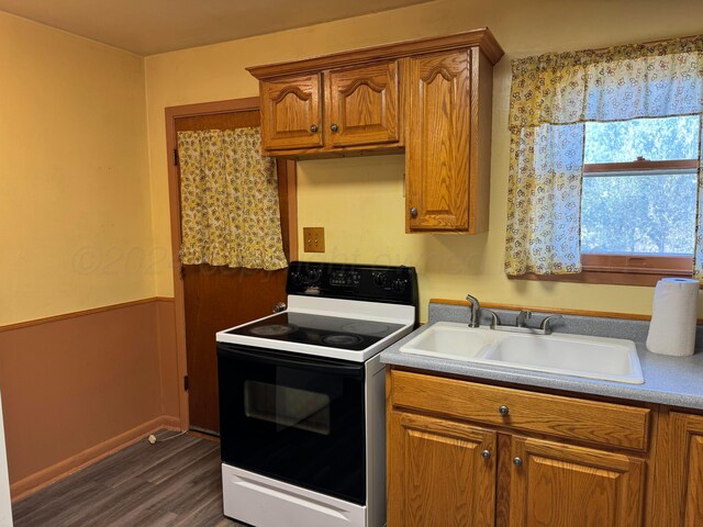 kitchen featuring dark hardwood / wood-style flooring, sink, and white electric stove