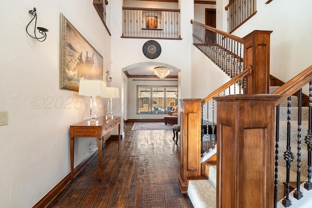 foyer entrance featuring dark hardwood / wood-style flooring and a high ceiling