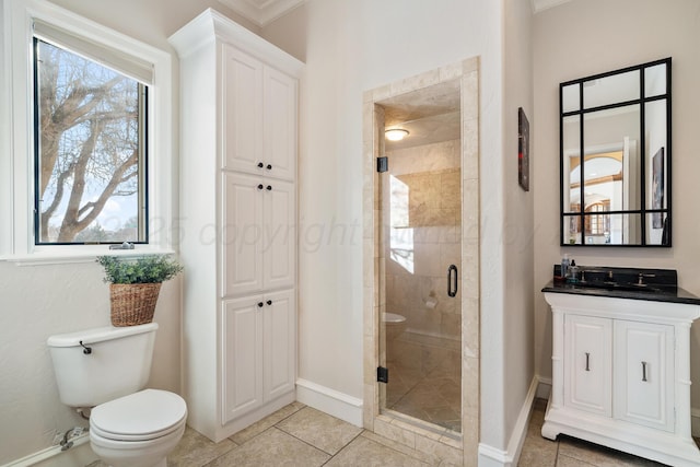 bathroom featuring vanity, tile patterned floors, toilet, and walk in shower