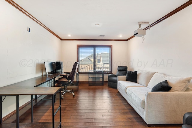 office with crown molding and dark wood-type flooring