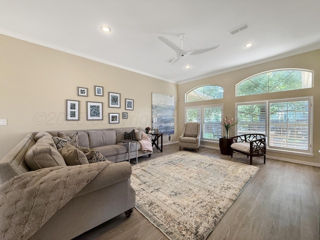 8 Glenbrook Dr, Borger, TX 79007 - living room with ornamental molding, recessed lighting, wood finished floors, and a ceiling fan