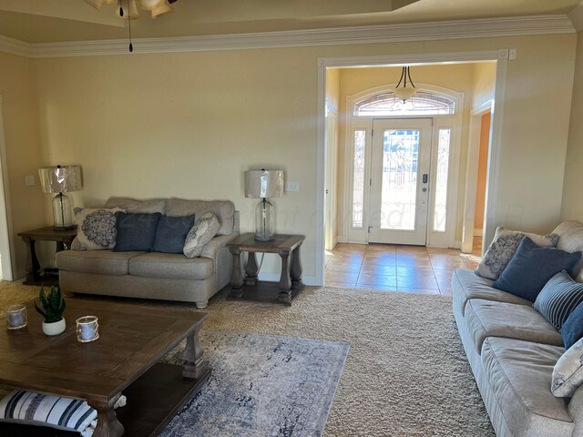 carpeted living room with crown molding