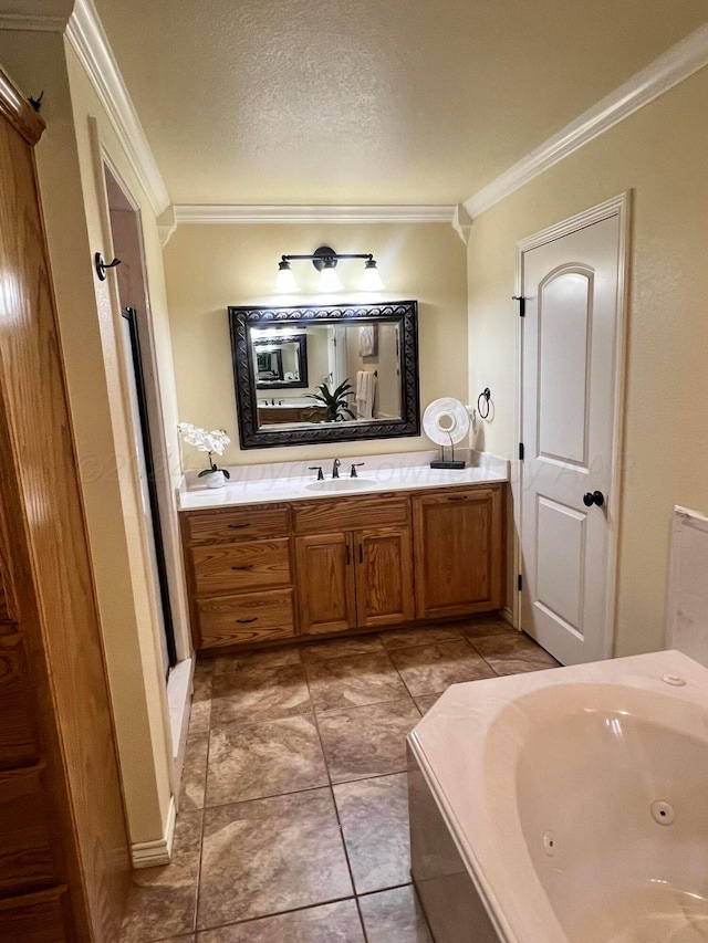 bathroom with plus walk in shower, tile patterned flooring, vanity, and ornamental molding