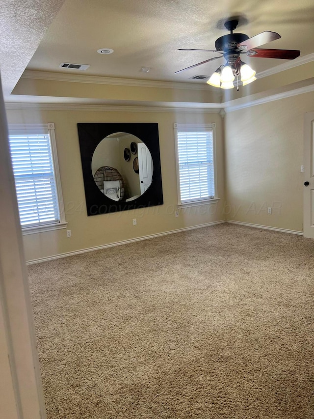 carpeted spare room featuring a raised ceiling, ceiling fan, a textured ceiling, and ornamental molding