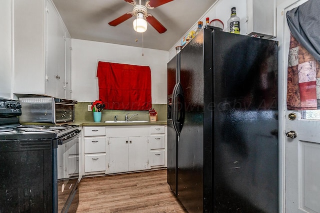 kitchen with black appliances, sink, light hardwood / wood-style floors, white cabinets, and ceiling fan