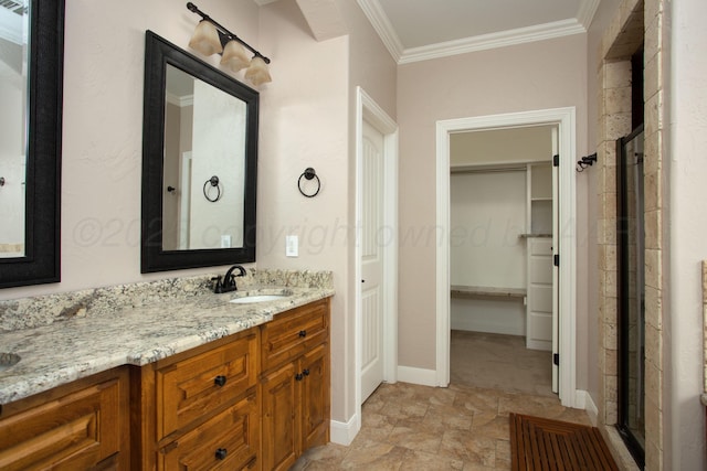 5401 Walesa Ct, Amarillo, TX 79119 - full bathroom with vanity, ornamental molding, a spacious closet, and an enclosed shower