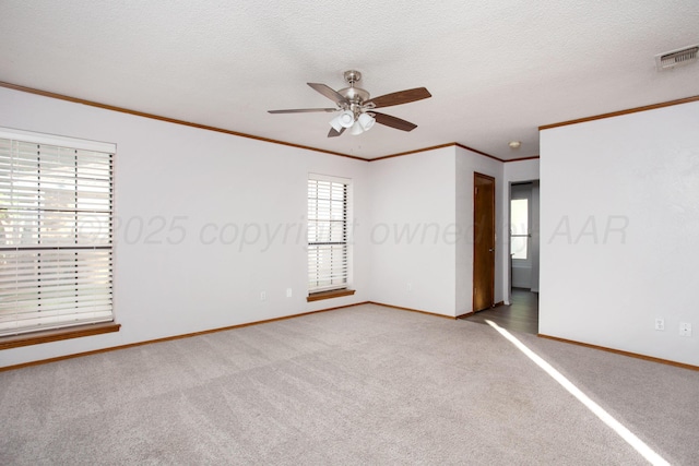 7408 Sleepy Hollow Blvd, Amarillo, TX 79121 - unfurnished room featuring crown molding, baseboards, carpet, ceiling fan, and a textured ceiling