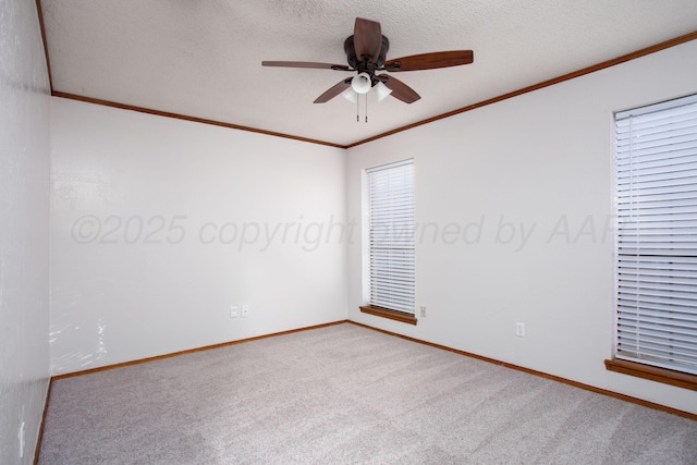 7408 Sleepy Hollow Blvd, Amarillo, TX 79121 - empty room with a ceiling fan, carpet, baseboards, crown molding, and a textured ceiling
