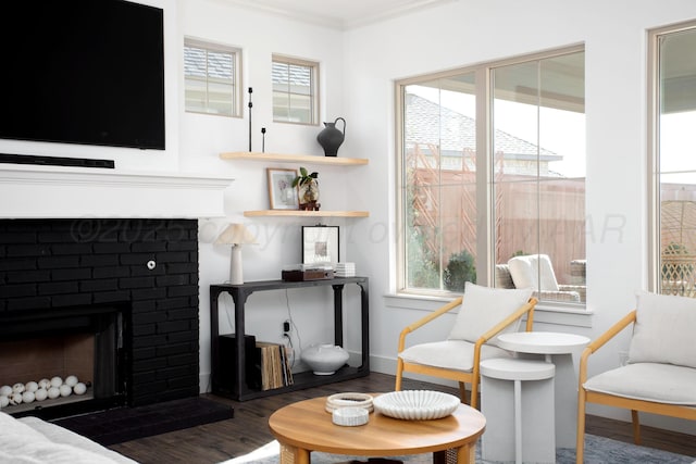 living area with dark hardwood / wood-style floors, ornamental molding, and a fireplace