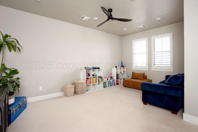 game room featuring carpet floors and ceiling fan