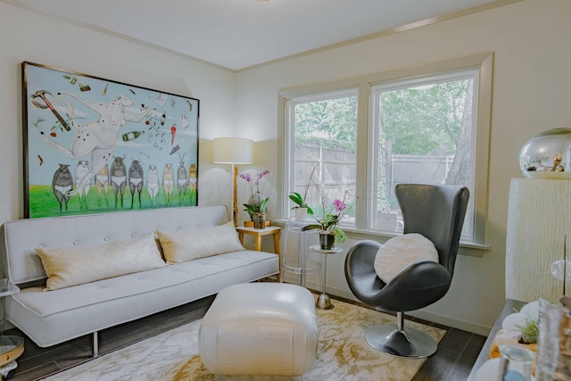 living room featuring wood finished floors, baseboards, and ornamental molding