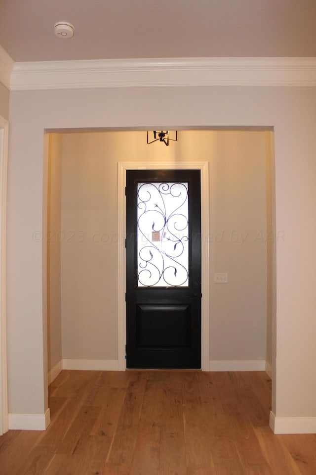 foyer featuring hardwood / wood-style flooring and crown molding